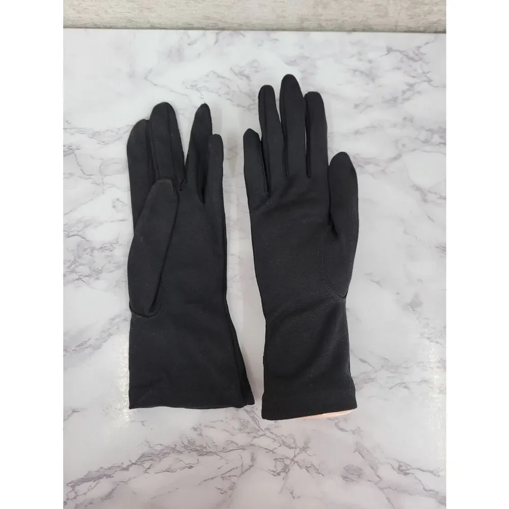 Vintage Nylon Classic Black Dress Driving Formal Gloves Satin Inset & Embroidery